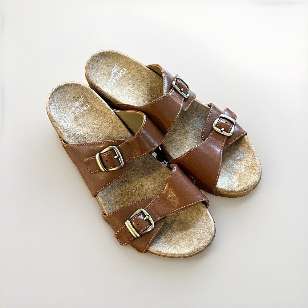 Dansko Leeann Women's 40 Brown Leather Slide Wedge Sandals Double Buckle Boho